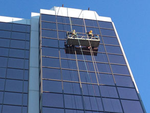 Swing Stage installed at Cabot Place to change a damaged window.